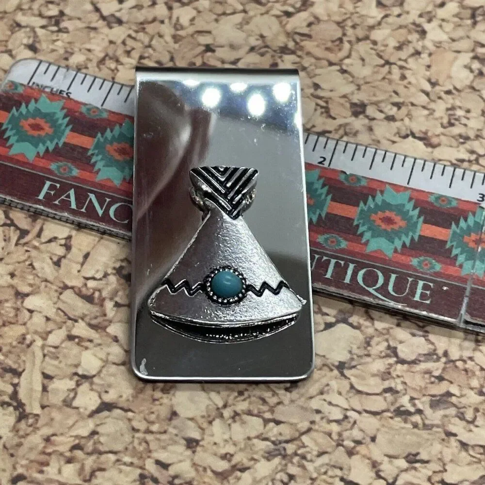 Teepee Tipi Native American Money Clip Stainless Steel Arrow Quality  Turquoise
